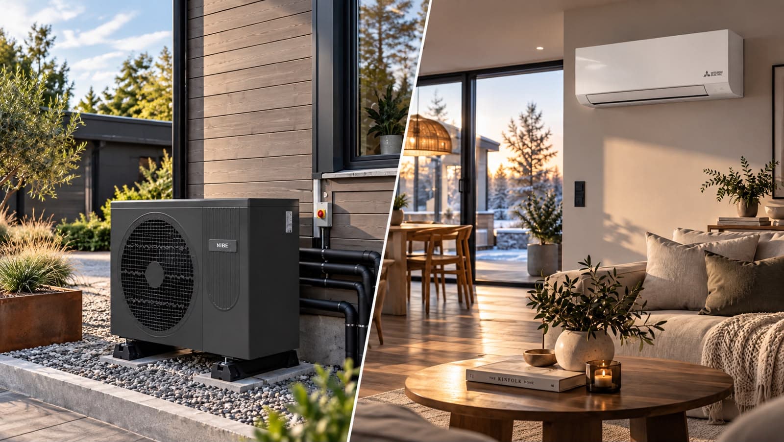 Värmepump vid husfasaden och luft/luft-aggregat inomhus