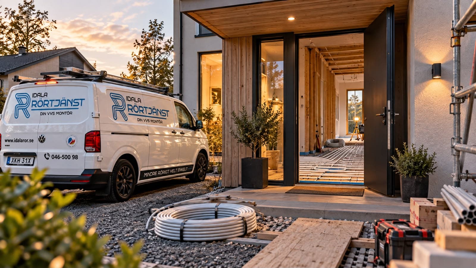 Idala Rörtjänsts servicebilar vid en villa under renovering