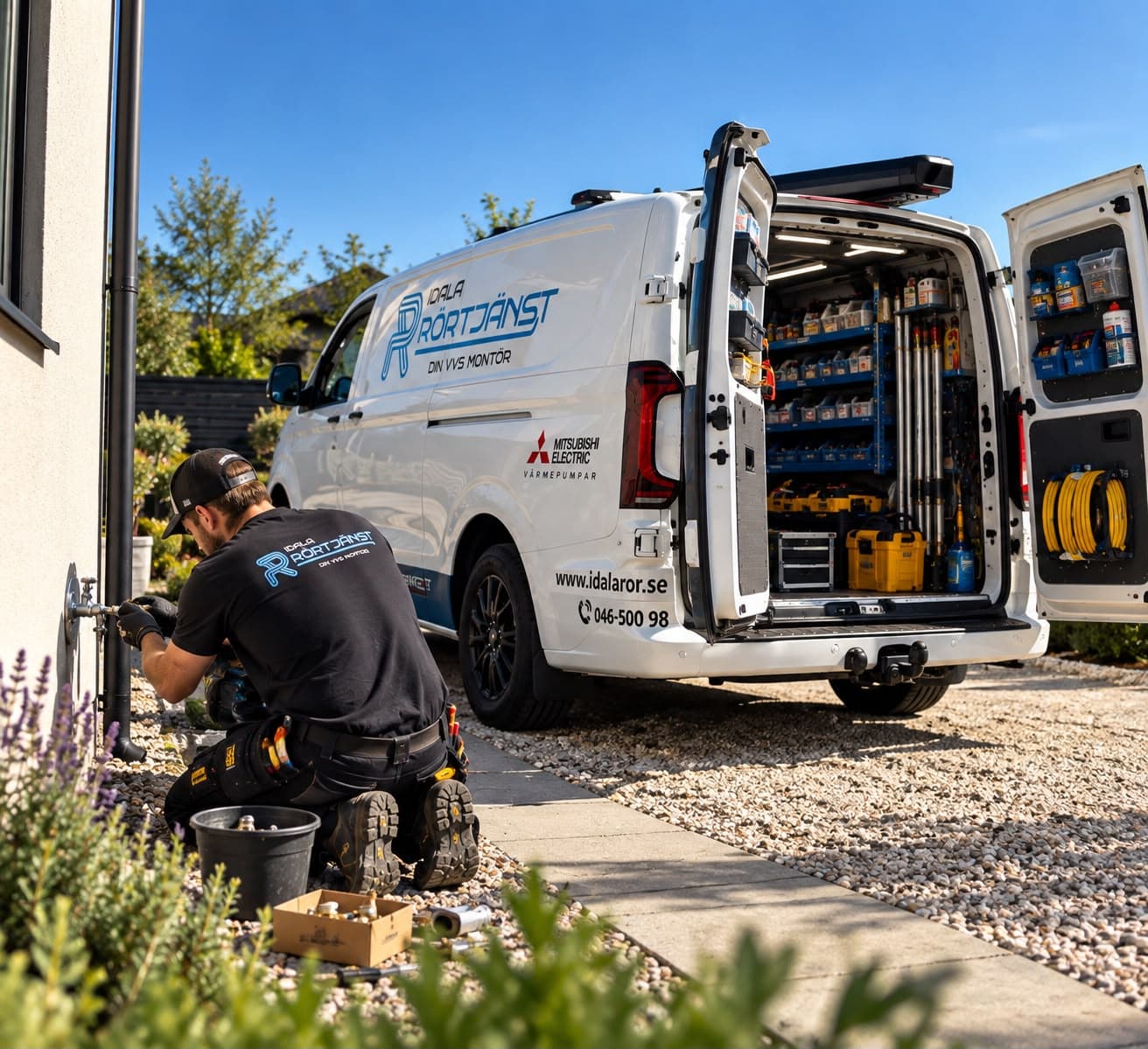 Montör från Idala Rörtjänst på servicebesök vid servicebilen